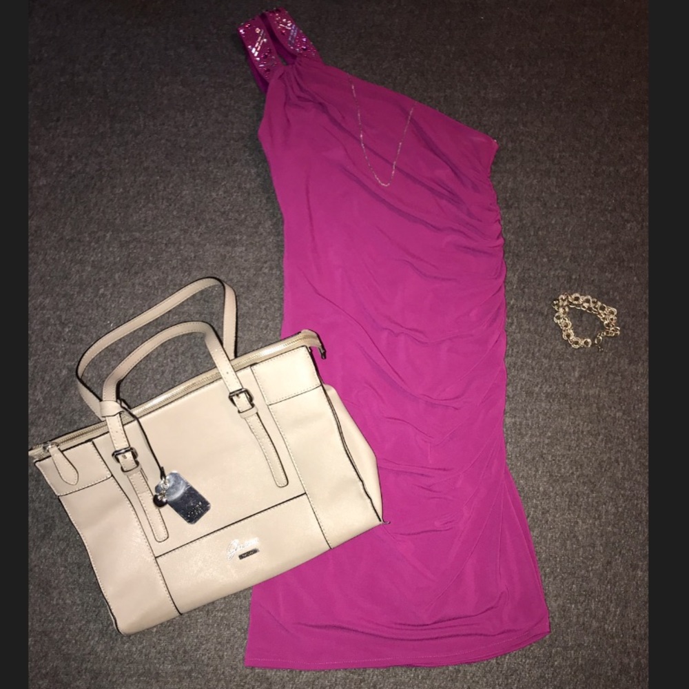 On strap purple pencil skirt dress